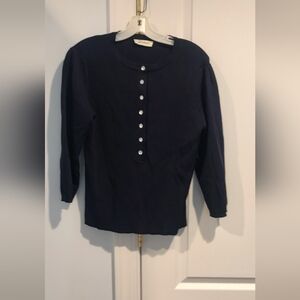 Navy Button-Up Sweater with rhinestone buttons by portriat. Size L slim fit NWOT